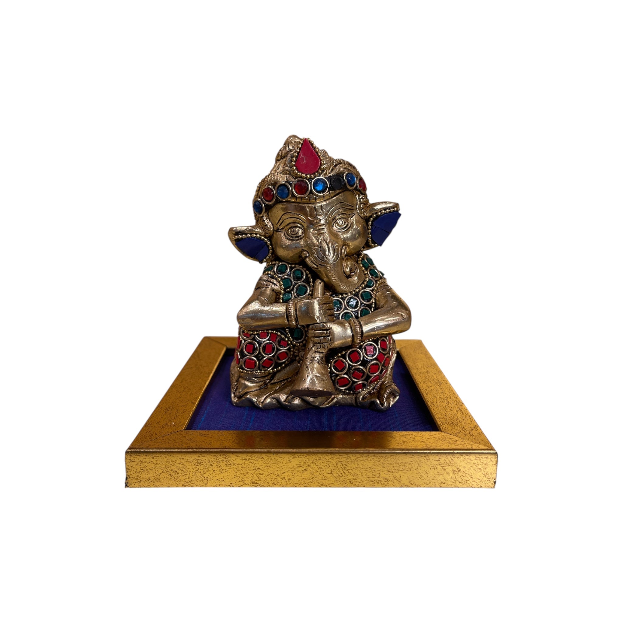 Handcrafted Lord Ganesha Idols with Colorful Stones 2 – Brass Finish on Blue Silk Base