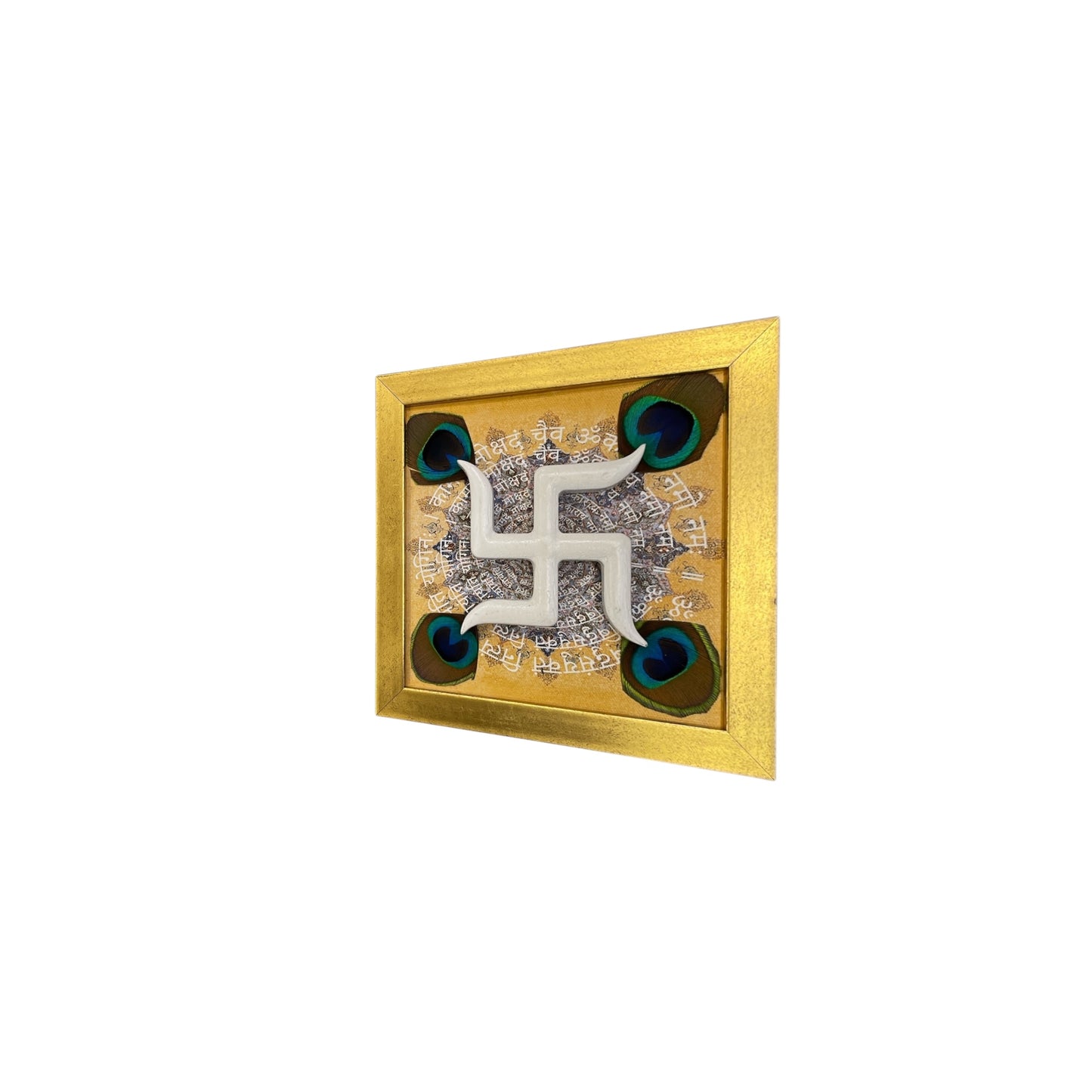 White Wooden Swastik with Peacock Feathers on Omkara in Gold Frame