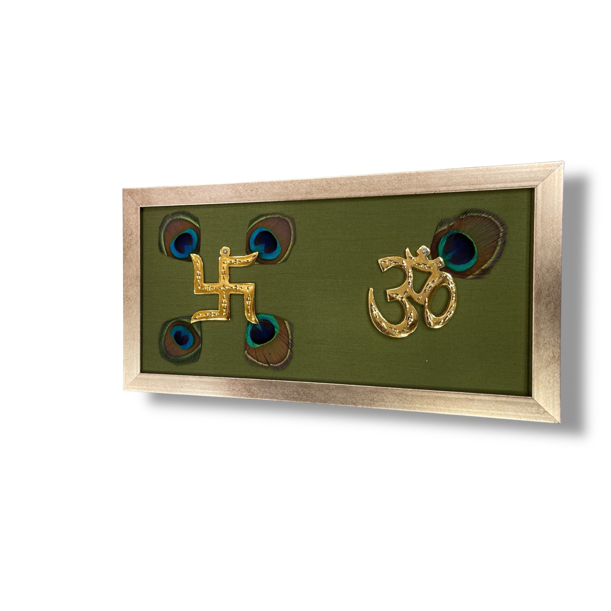 Brass Swastik & Om with Peacock Feathers on Green Silk in Antique Gold Frame