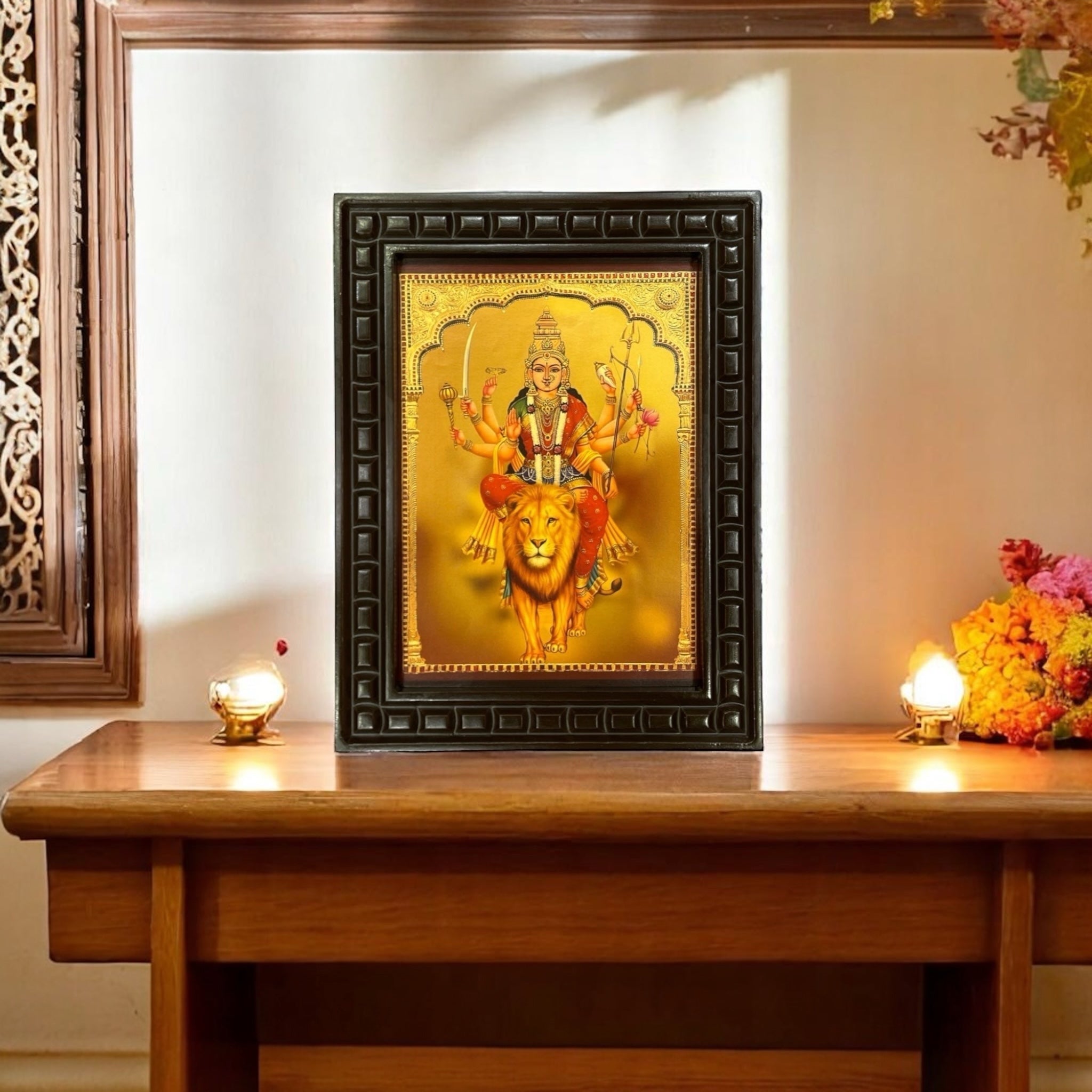 Durga Devi- 5 Gold leafed art in wooden frame
