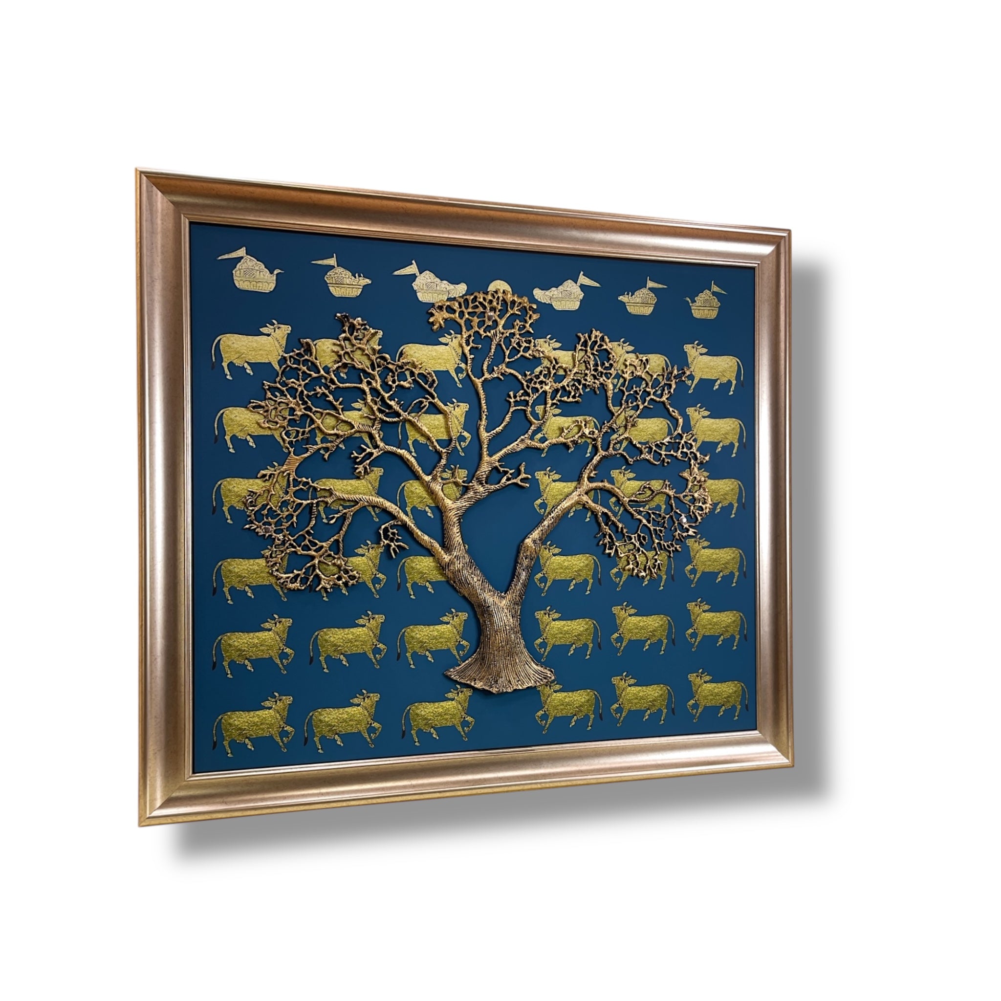 Metal Kalpavriksha on Kamadhenu & Blue Backdrop in Moulded Frame