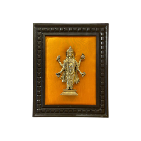 Brass Dhanvanthri on Golden Silk in Wooden Frame
