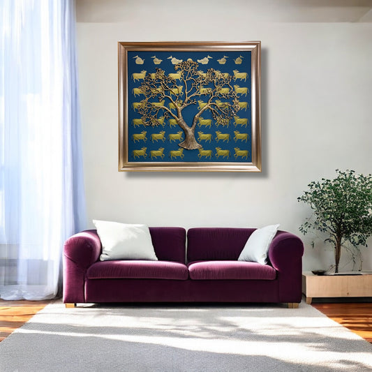 Metal Kalpavriksha on Kamadhenu & Blue Backdrop in Moulded Frame