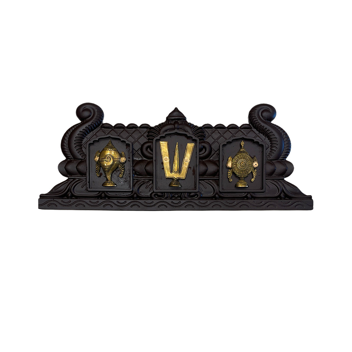Brass Shankha Chakra Namam on Engineered Wooden Frame | Vaishnav Door Hanging | Auspicious Vastu Decor by ESTUDIO