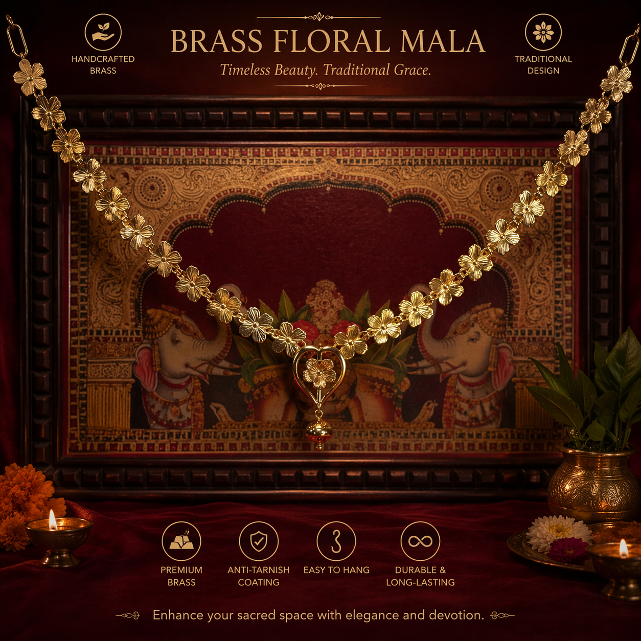 Premium Handcrafted Brass Floral Garland Maala | Traditional Pooja Decor | Elegant Temple Hanging Mala