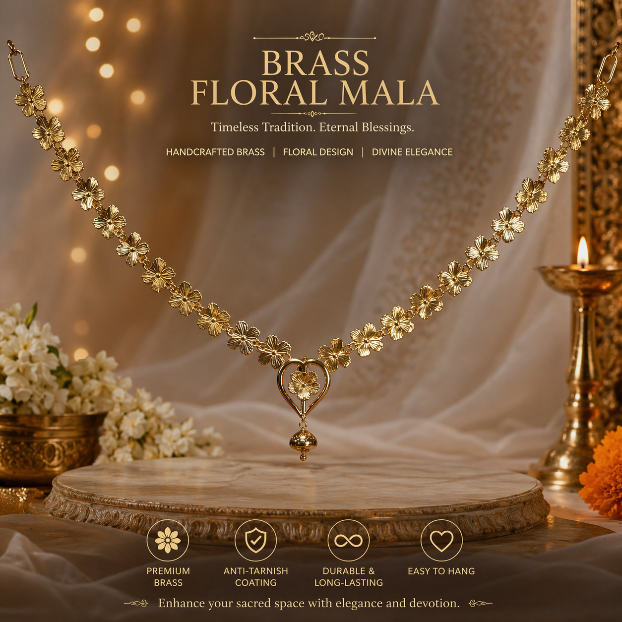 Premium Handcrafted Brass Floral Garland Maala | Traditional Pooja Decor | Elegant Temple Hanging Mala