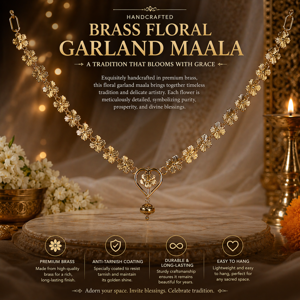 Premium Handcrafted Brass Floral Garland Maala | Traditional Pooja Decor | Elegant Temple Hanging Mala