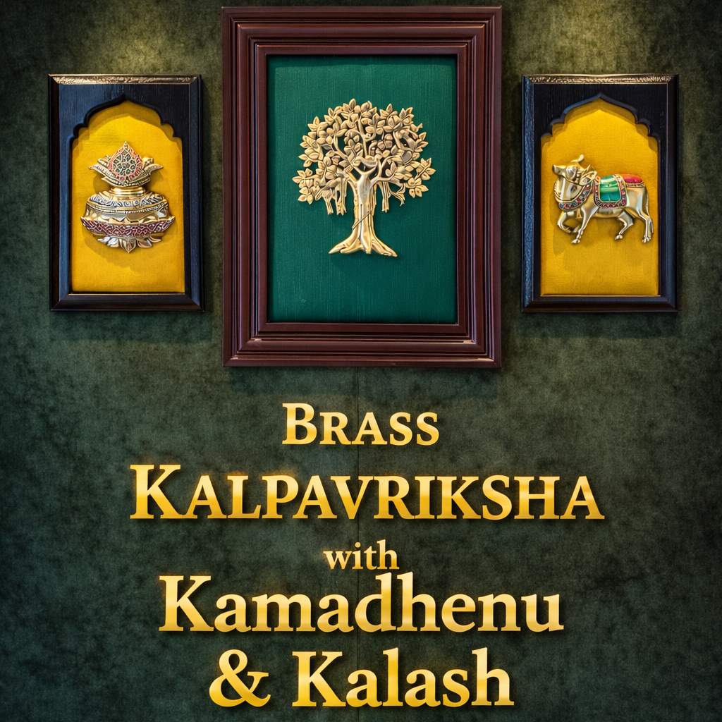 Brass Kalpavriksha Wall Art with Kamadhenu & Kalash – Luxury Silk Frame Decor