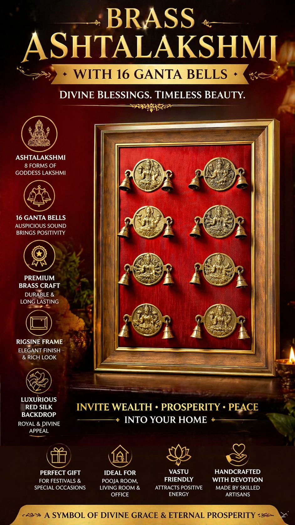 Brass Ashtalakshmi with wine Red Cushion in moulded frame.
