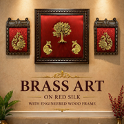 Luxury Brass Kalpavriksha with Peacock Wall Art Set on Red Silk | Premium Wooden Frame Traditional Home Decor.