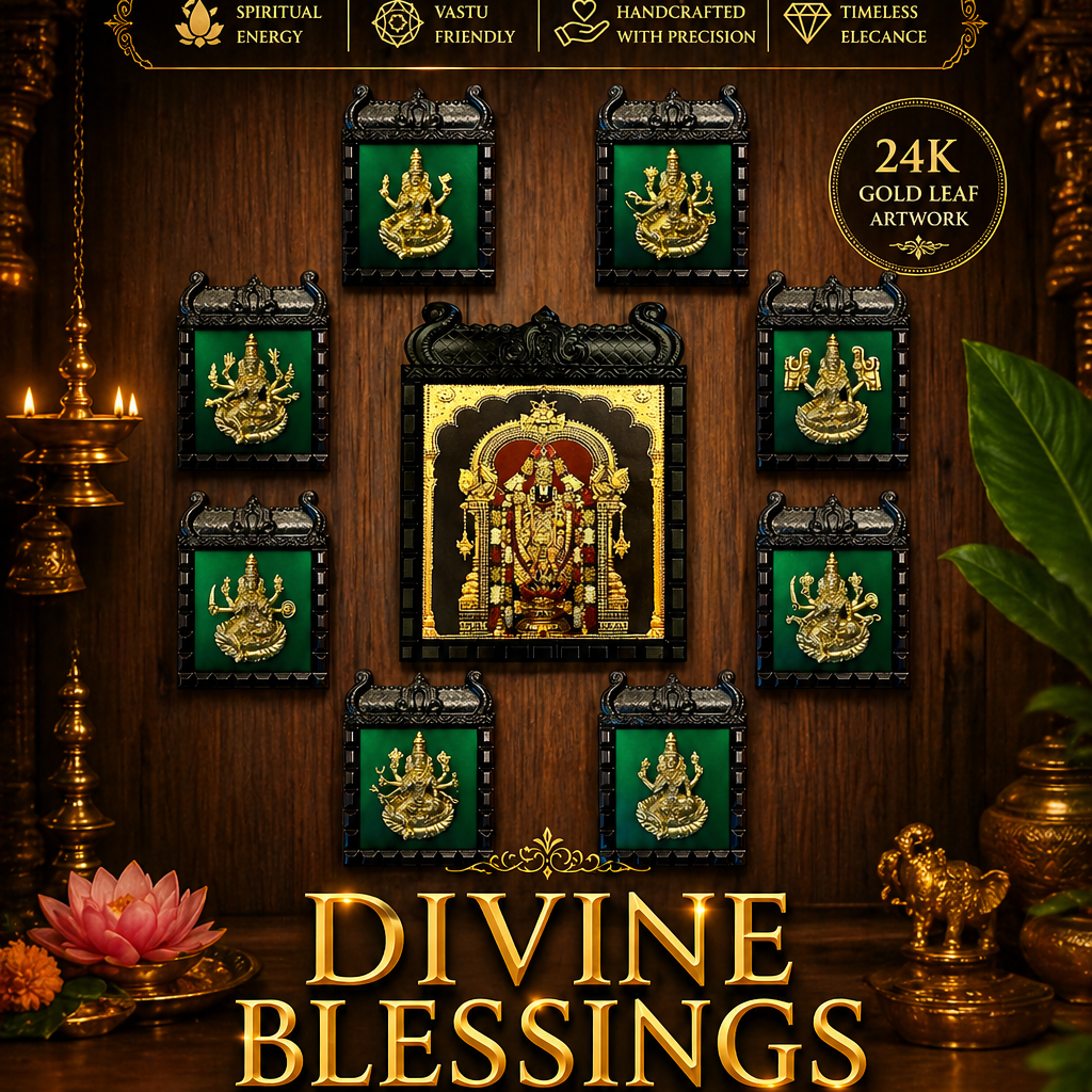 Brass Ashtalakshmi Wall Art with Tirupati Balaji Gold Leaf Frame | Green Silk Backdrop | Premium Wooden Frame Decor.