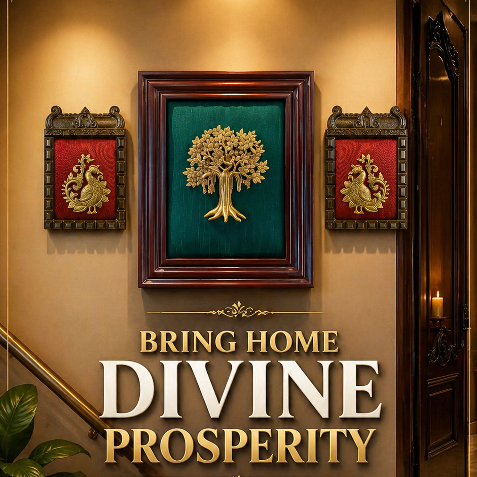 Kalpavriksha Brass Wall Art with Peacock Frames | Luxury Silk Backdrop Wooden Frame Décor for Home & Vastu.