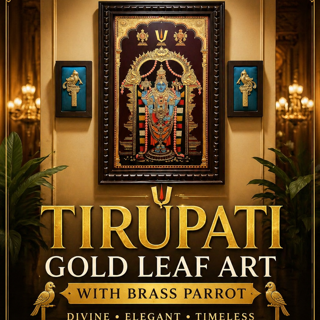 Tirupati Gold Leaf Art with Two Brass Parrot Frame | Luxury Spiritual Wall Decor.