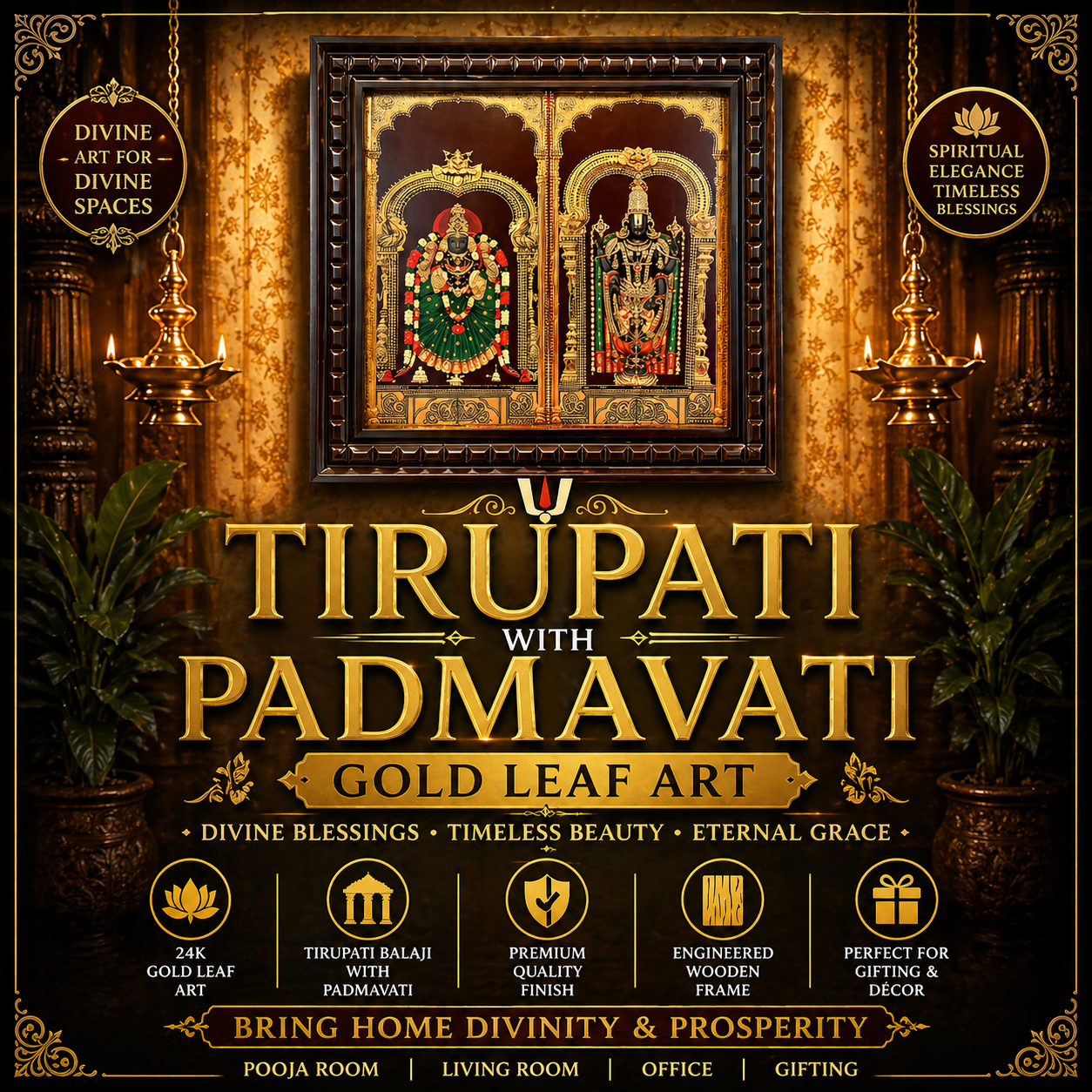 Tirupati Balaji with Padmavati Gold Leaf Art Frame | Premium Wooden Temple Wall Decor | Luxury Spiritual Artwork.