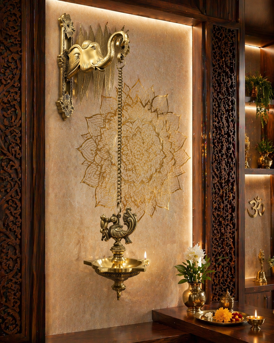 Brass Elephant & Peacock Deepa | Luxury Wall Hanging Oil Lamp for Pooja Room Decor