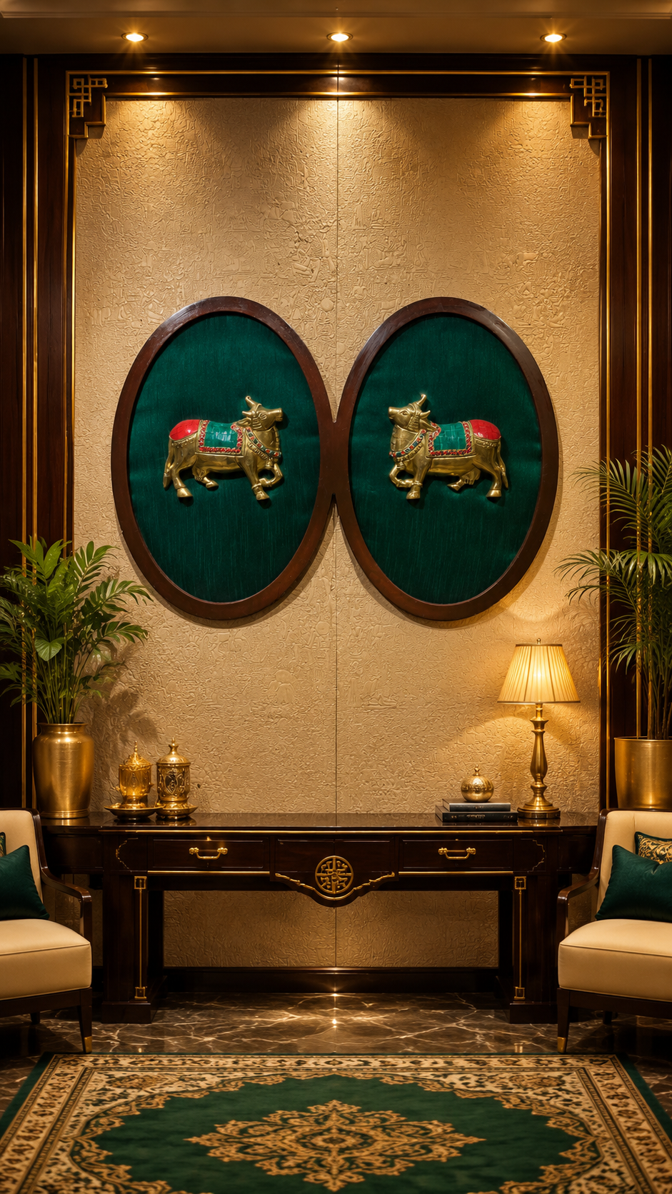 Brass Pair Kamadhenu Cow Wall Art with Color Stones & Green Silk Backdrop | ESTUDIO