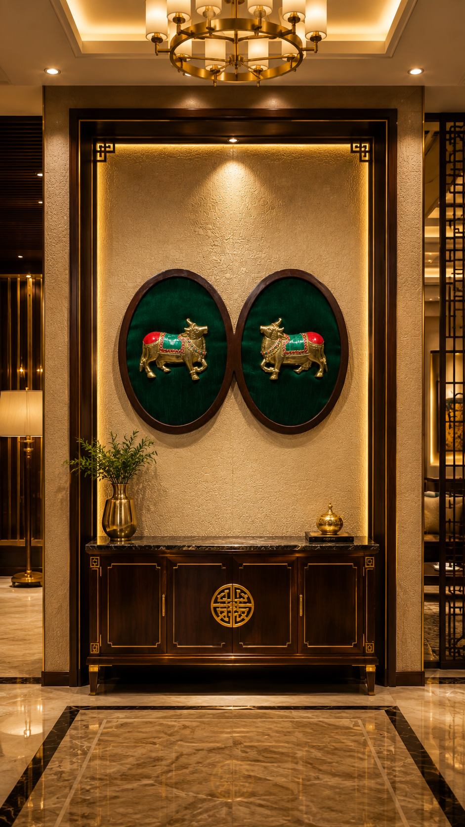 Brass Pair Kamadhenu Cow Wall Art with Color Stones & Green Silk Backdrop | ESTUDIO