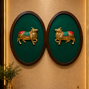 Brass Pair Kamadhenu Cow Wall Art with Color Stones & Green Silk Backdrop | ESTUDIO