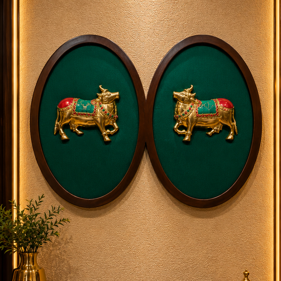Brass Pair Kamadhenu Cow Wall Art with Color Stones & Green Silk Backdrop | ESTUDIO