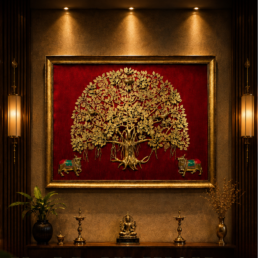 Brass Kalpavriksha Tree of Life with Kamadhenu  Luxury Wall Art.