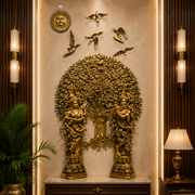 Brass Kalpavriksha Tree of Life with Radha Krishna, 5 Birds & Sun | Luxury Traditional Wall Art