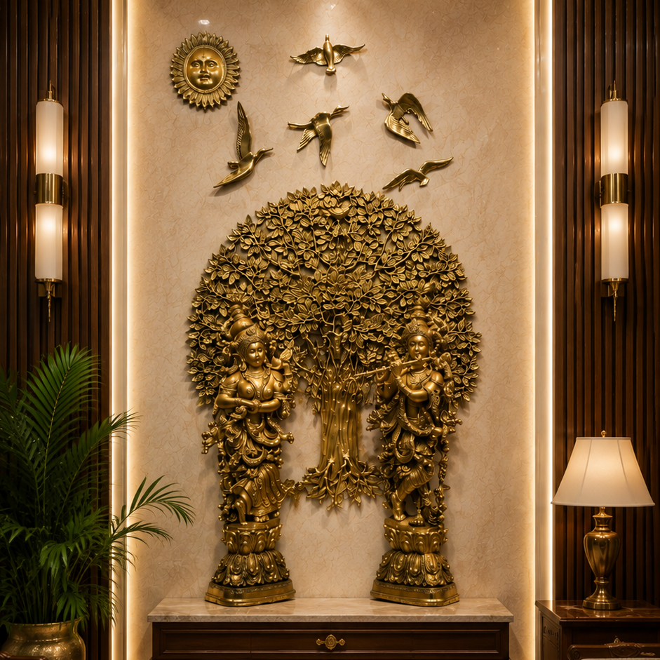 Brass Kalpavriksha Tree of Life with Radha Krishna, 5 Birds & Sun | Luxury Traditional Wall Art
