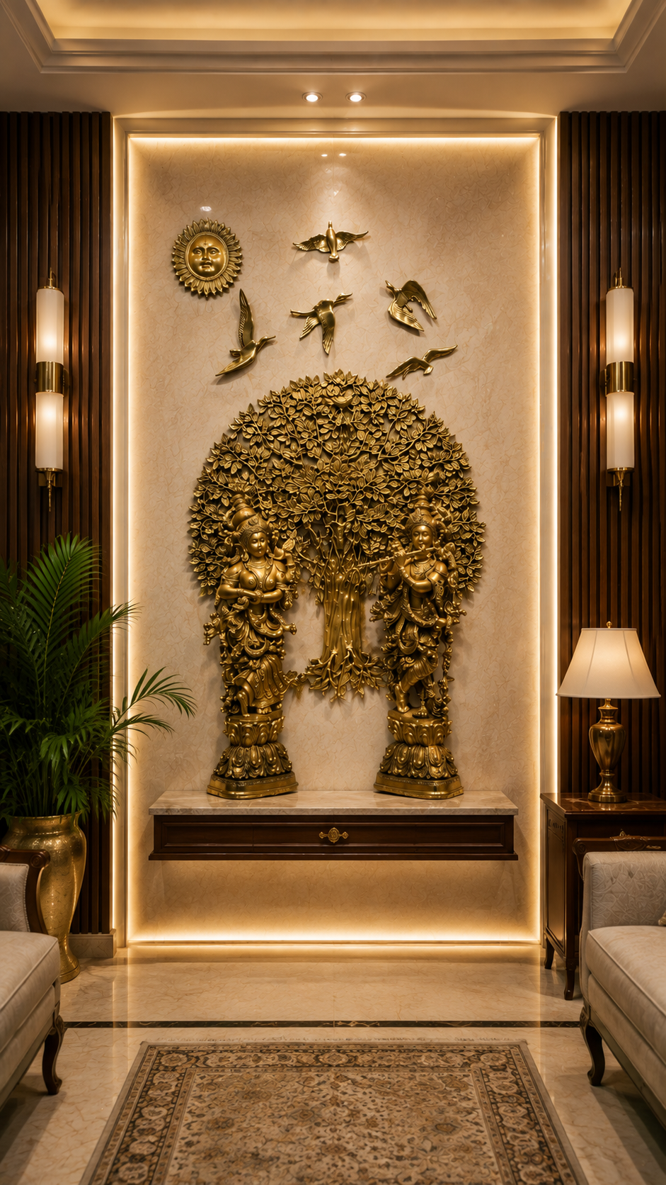 Brass Kalpavriksha Tree of Life with Radha Krishna, 5 Birds & Sun | Luxury Traditional Wall Art