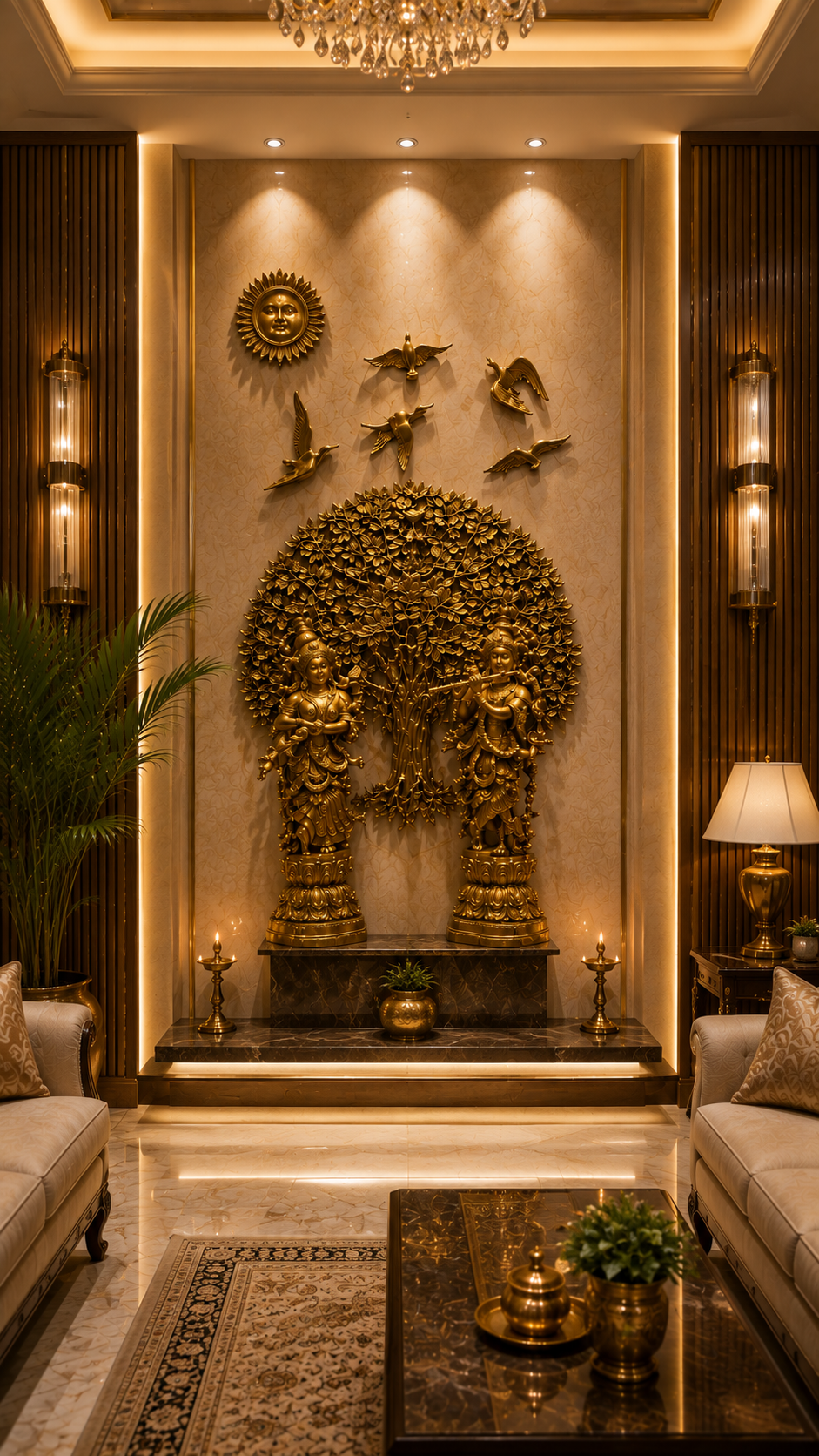 Brass Kalpavriksha Tree of Life with Radha Krishna, 5 Birds & Sun | Luxury Traditional Wall Art