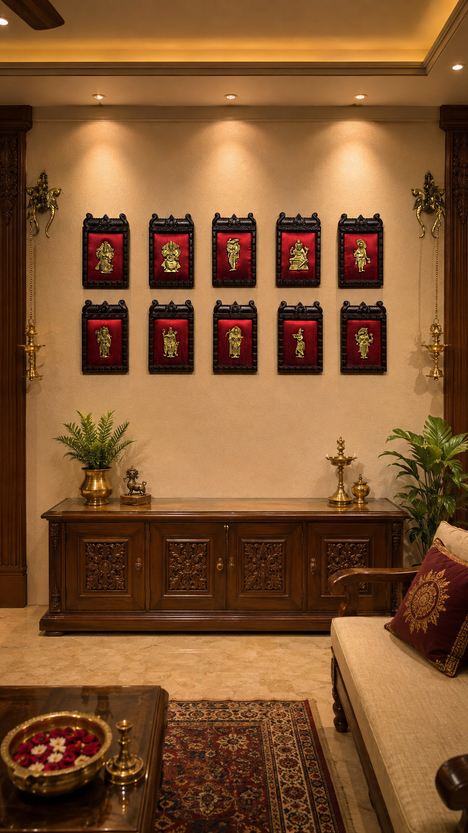 Brass Dashavatara Wall Art on Wine Red Silk | Premium Temple Style Engineered Wooden Frame