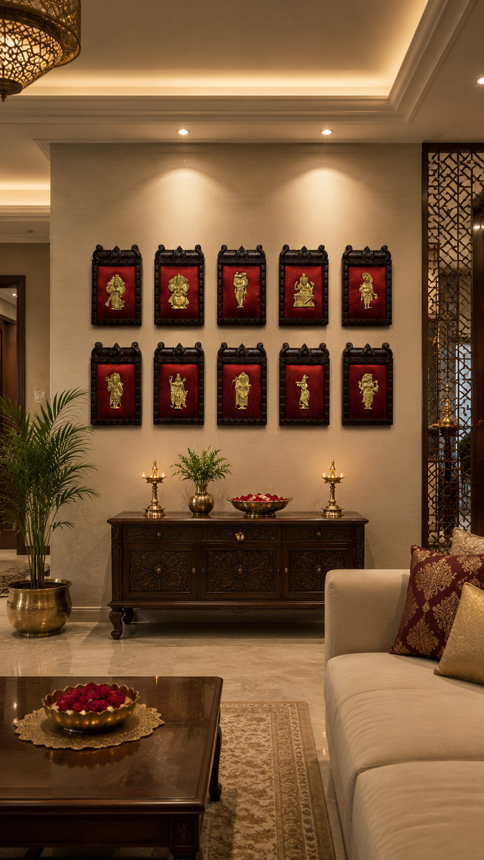Brass Dashavatara Wall Art on Wine Red Silk | Premium Temple Style Engineered Wooden Frame