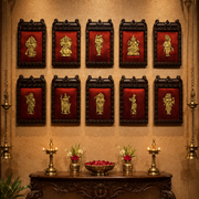 Brass Dashavatara Wall Art on Wine Red Silk | Premium Temple Style Engineered Wooden Frame