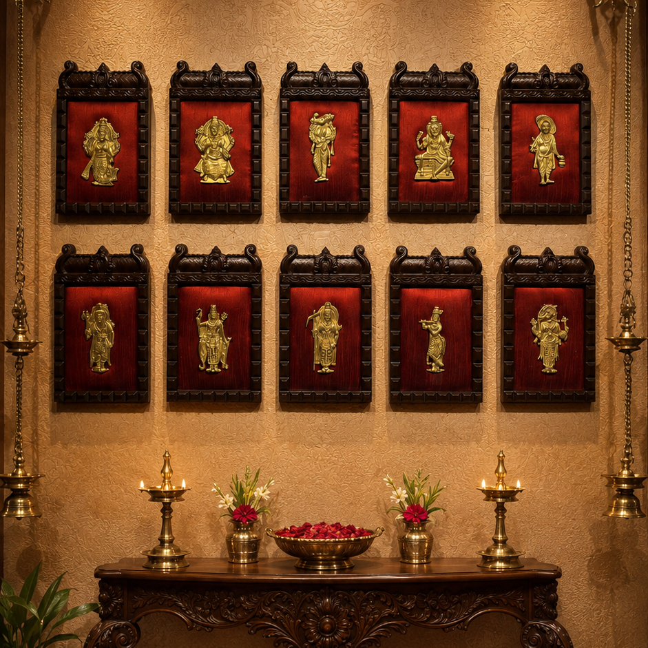 Brass Dashavatara Wall Art on Wine Red Silk | Premium Temple Style Engineered Wooden Frame