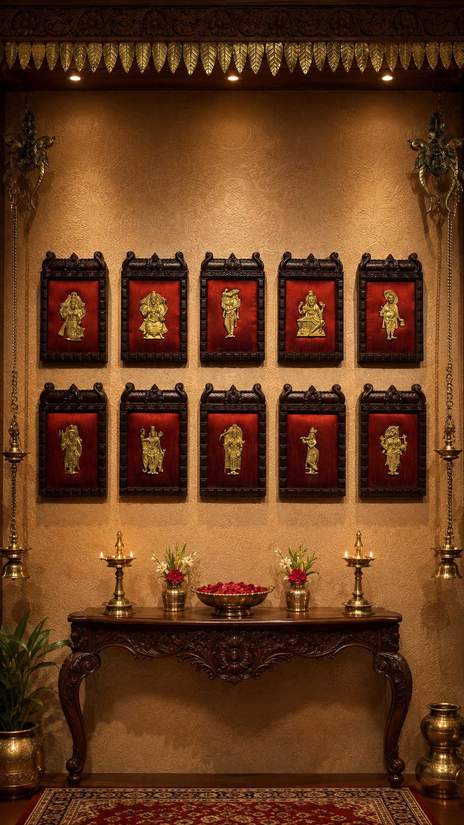 Brass Dashavatara Wall Art on Wine Red Silk | Premium Temple Style Engineered Wooden Frame
