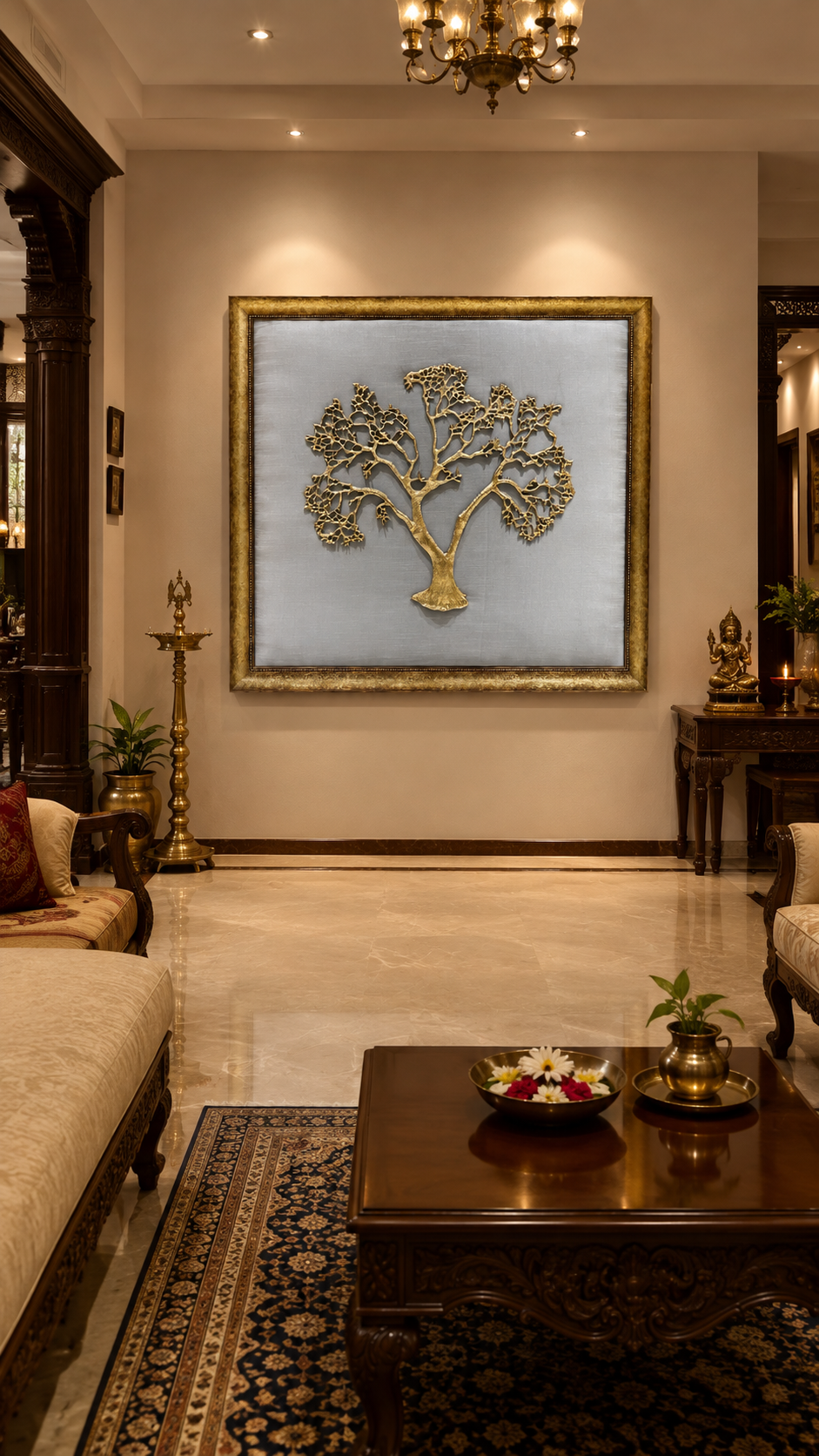 Kalpavriksha Metal Tree Wall Art on Grey Silk Backdrop with Rich Rising Frame | Luxury Home Decor