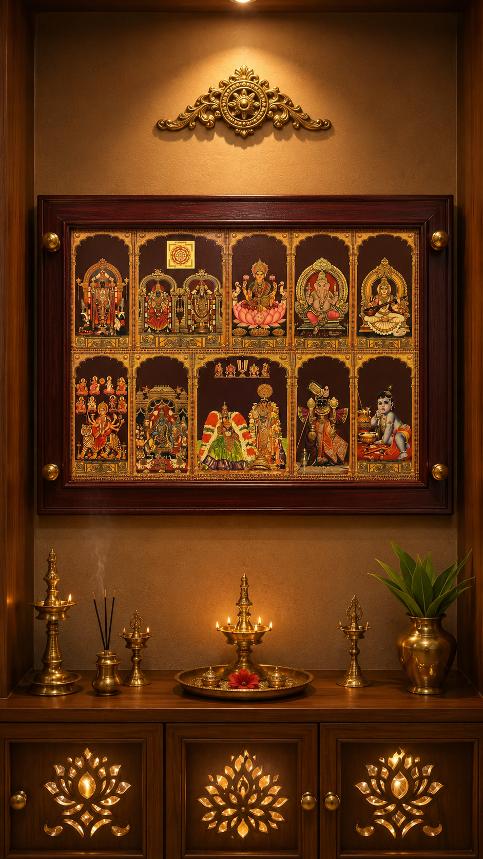 10 Gods in One Frame | Gold Leaf Art on Rosewood & Teak wood Frame | Luxury Pooja Room Wall Art – ESTUDIO