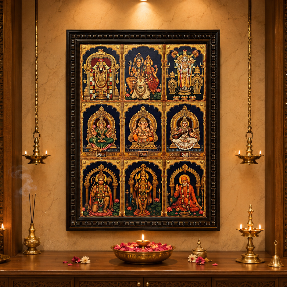 9 Gods in One Frame Gold Leaf Art | Premium Hindu God Wall Art for Pooja Room | ESTUDIO