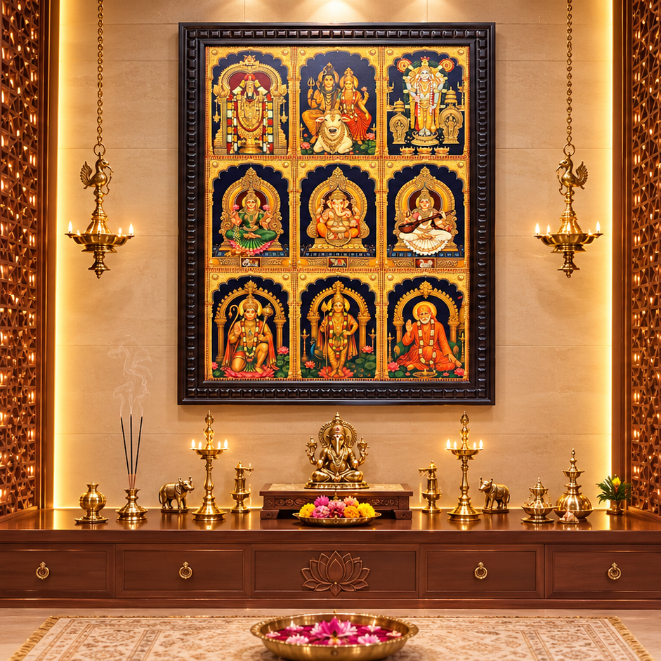 9 Gods in One Frame Gold Leaf Art | Premium Hindu God Wall Art for Pooja Room | ESTUDIO
