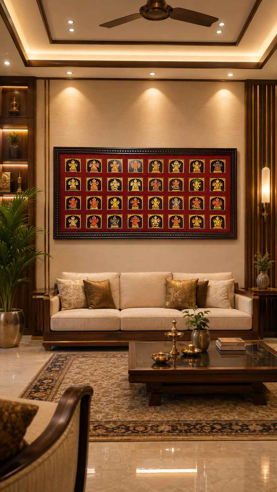 32 Forms of Ganesha Gold Leaf Art, Grand 8ft x 4ft Red Border Wall Art