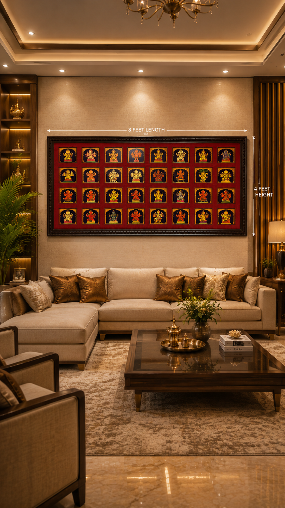 32 Forms of Ganesha Gold Leaf Art, Grand 8ft x 4ft Red Border Wall Art