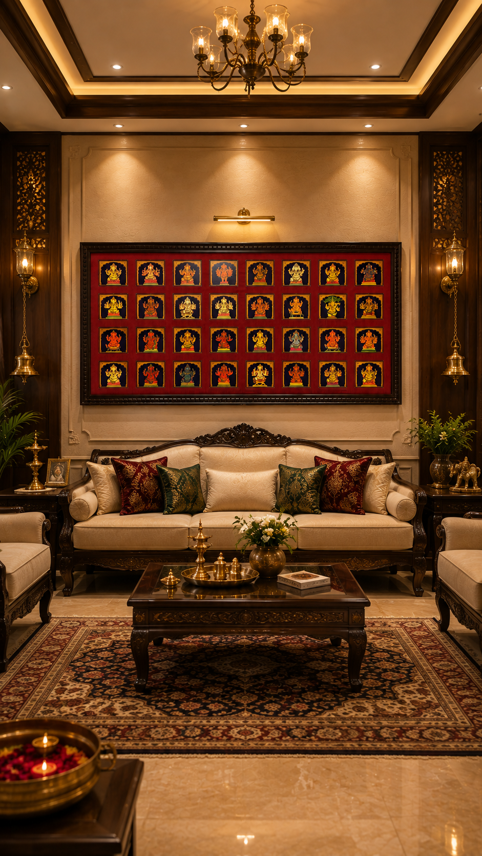 32 Forms of Ganesha Gold Leaf Art, Grand 8ft x 4ft Red Border Wall Art