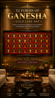 32 Forms of Ganesha Gold Leaf Art, Grand 8ft x 4ft Red Border Wall Art