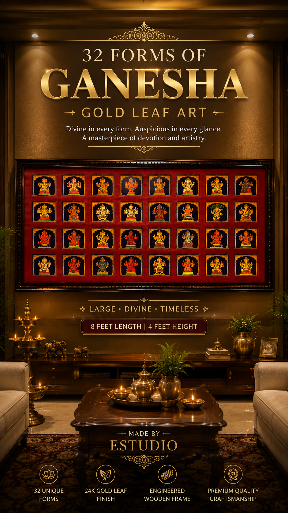 32 Forms of Ganesha Gold Leaf Art, Grand 8ft x 4ft Red Border Wall Art