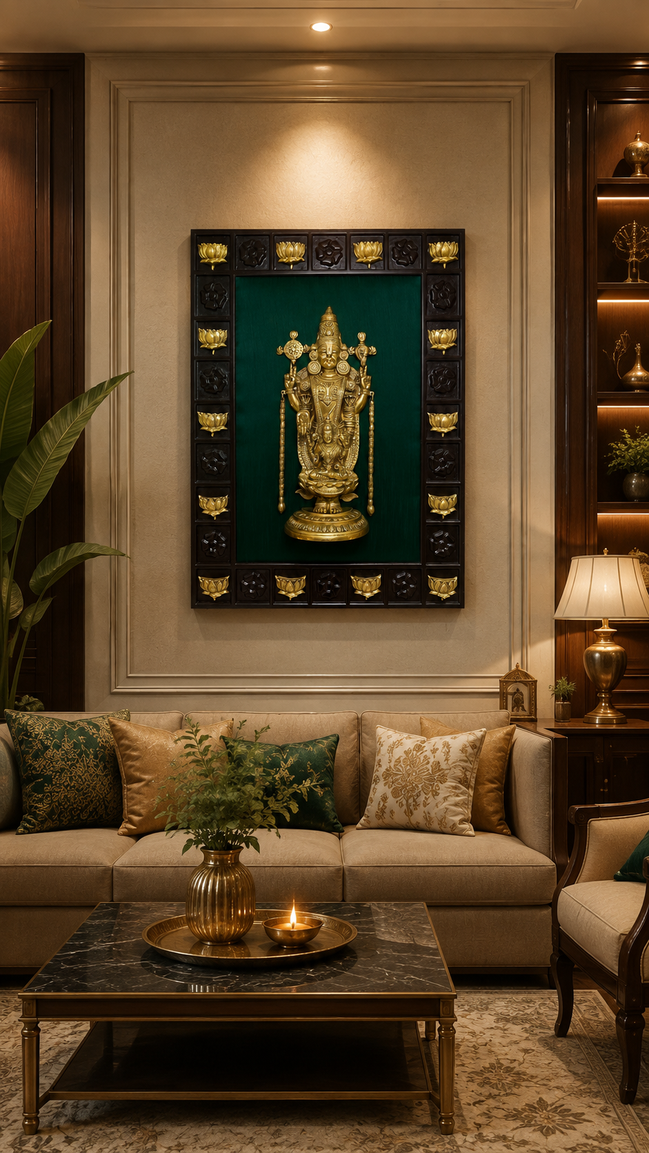 Brass Tirupati Balaji Wall Art with 14 Lotus Design, Rich Green Silk Backdrop