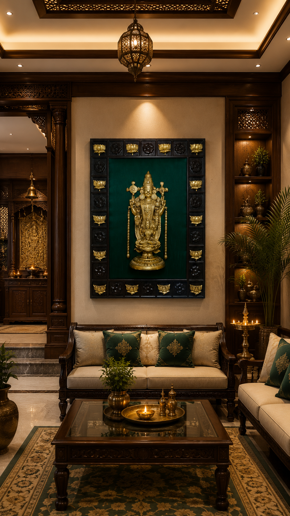 Brass Tirupati Balaji Wall Art with 14 Lotus Design, Rich Green Silk Backdrop