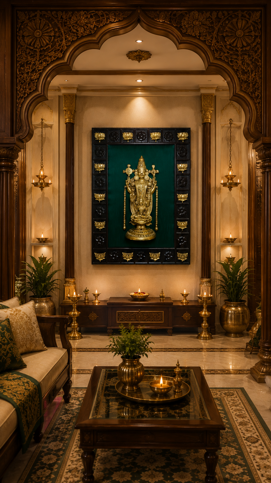 Brass Tirupati Balaji Wall Art with 14 Lotus Design, Rich Green Silk Backdrop