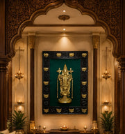 Brass Tirupati Balaji Wall Art with 14 Lotus Design, Rich Green Silk Backdrop