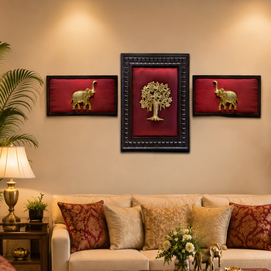 Brass Kalpavriksha & Pair Elephant Wall Art by ESTUDIO