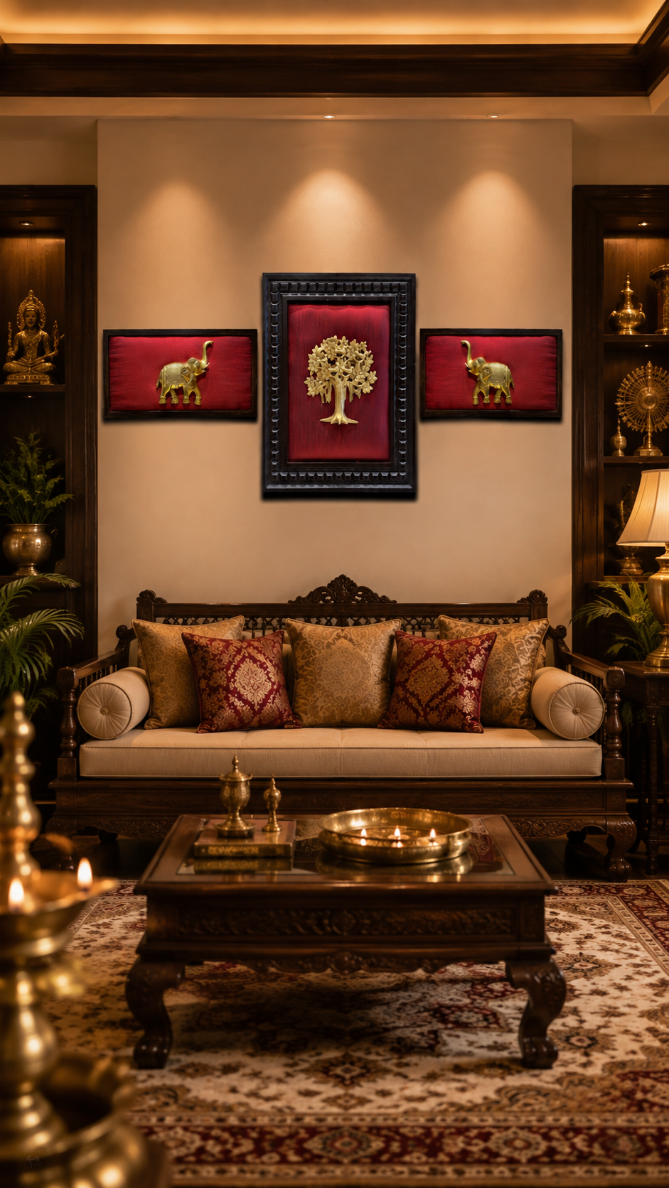 Brass Kalpavriksha & Pair Elephant Wall Art by ESTUDIO