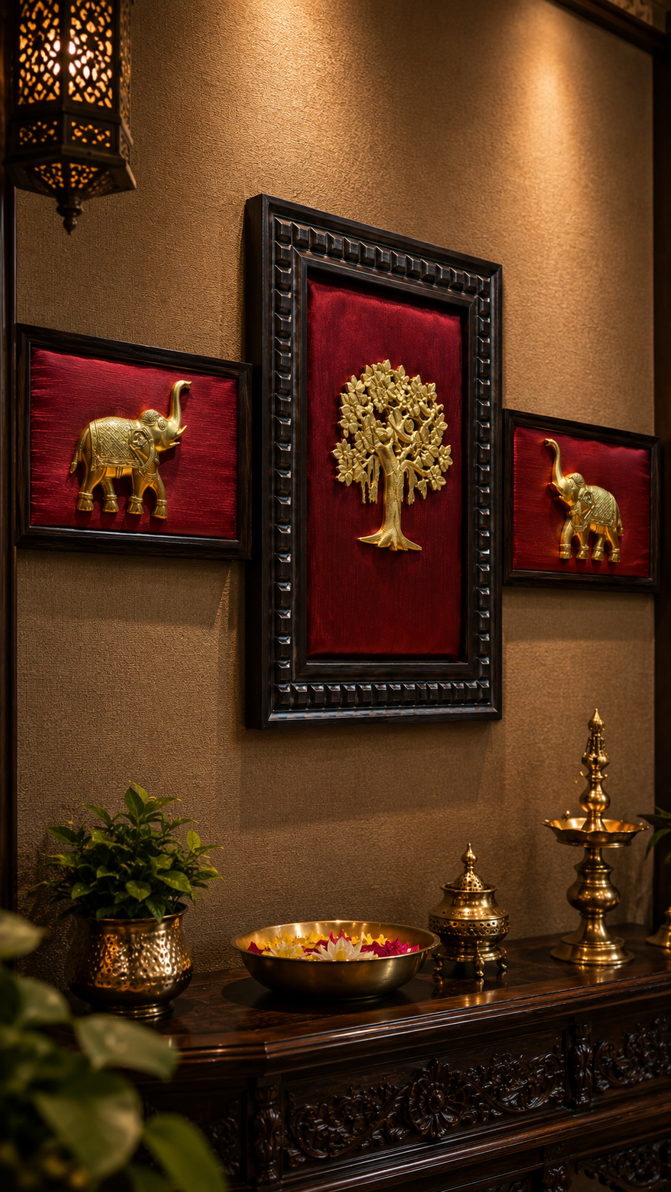 Brass Kalpavriksha & Pair Elephant Wall Art by ESTUDIO
