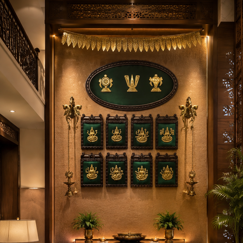 Ashtalakshmi Brass Wall Art with Shanku Chakra Namam | Luxury Indian Home Décor | Estudio